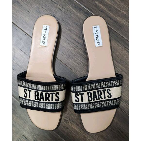 Steve Madden Shoes - Steve Madden Knox Sandals Slides St Barts Logo Embroidered Black Tan Size‎ 10